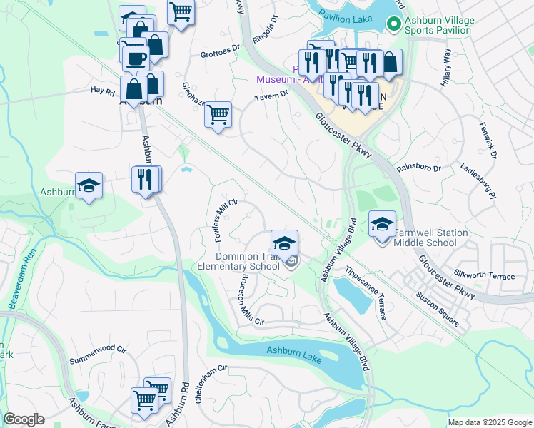 map of restaurants, bars, coffee shops, grocery stores, and more near 20877 Fowlers Mill Circle in Ashburn