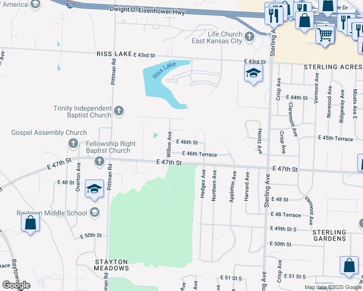 map of restaurants, bars, coffee shops, grocery stores, and more near 10539 East 46th Street in Kansas City