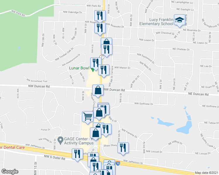 map of restaurants, bars, coffee shops, grocery stores, and more near 1821 Northwest 6th Street Terrace in Blue Springs