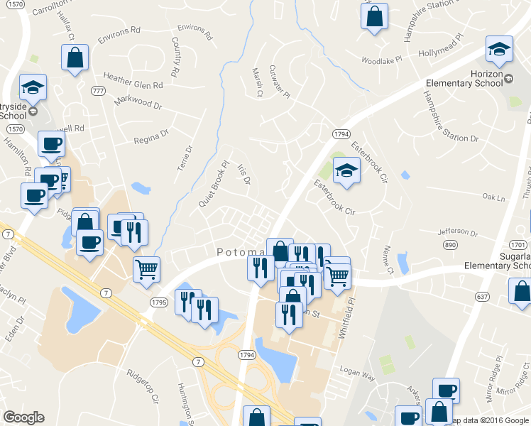 map of restaurants, bars, coffee shops, grocery stores, and more near 46230 Milthorn Terrace in Sterling
