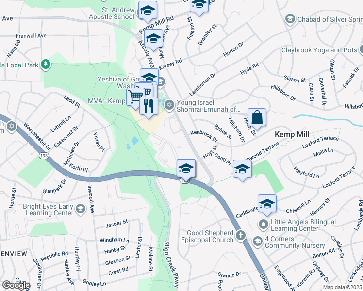 map of restaurants, bars, coffee shops, grocery stores, and more near 1121 University Boulevard West in Silver Spring
