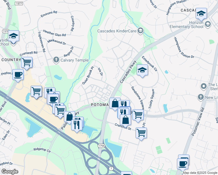 map of restaurants, bars, coffee shops, grocery stores, and more near 46230 Milthorn Terrace in Sterling