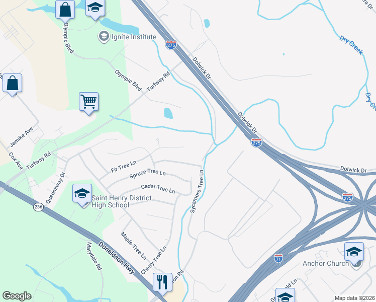 map of restaurants, bars, coffee shops, grocery stores, and more near 3330 Fir Tree Lane in Erlanger