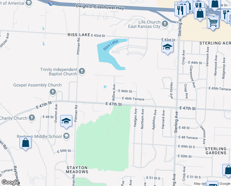 map of restaurants, bars, coffee shops, grocery stores, and more near 10500 East 46th Street in Kansas City