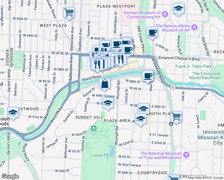 map of restaurants, bars, coffee shops, grocery stores, and more near 401 Ward Parkway in Kansas City