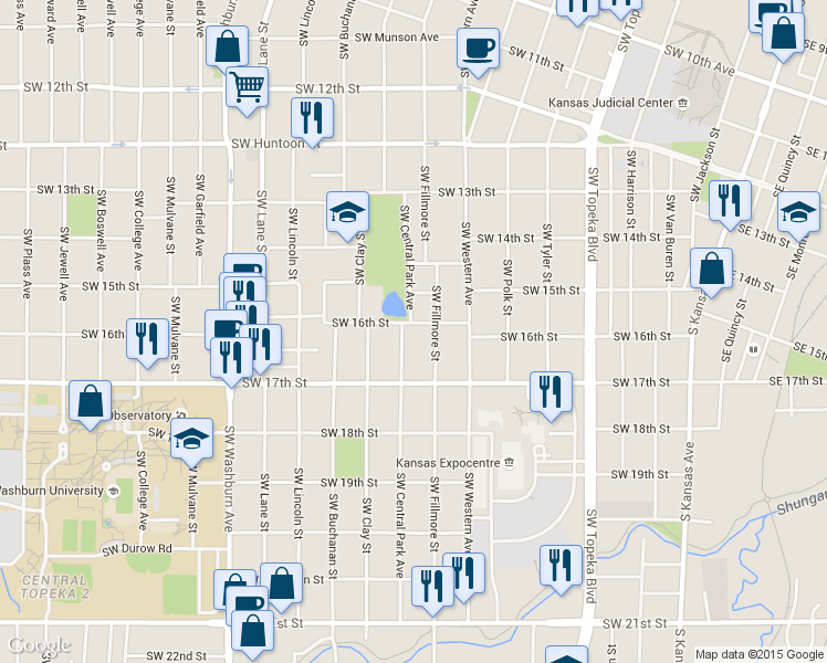 map of restaurants, bars, coffee shops, grocery stores, and more near 1530 Southwest Central Park Avenue in Topeka
