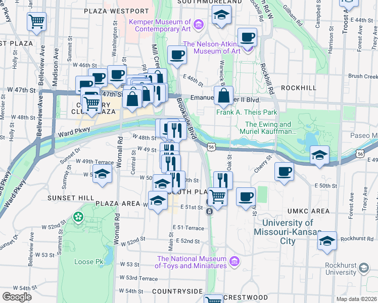 map of restaurants, bars, coffee shops, grocery stores, and more near Walnut St & E 49th St in Kansas City