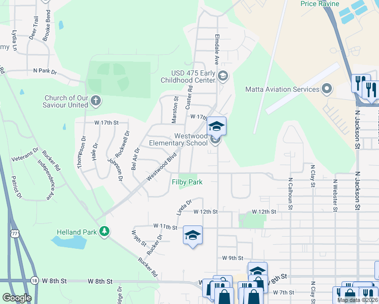map of restaurants, bars, coffee shops, grocery stores, and more near 1517 Westwood Boulevard in Junction City
