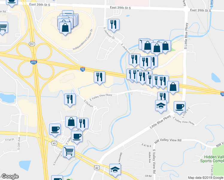 map of restaurants, bars, coffee shops, grocery stores, and more near 19330 East Valley View Parkway in Independence