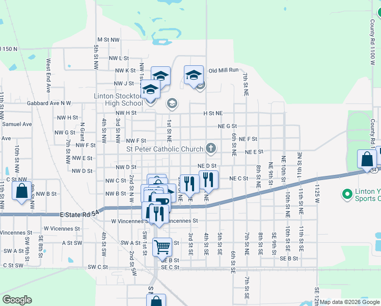 map of restaurants, bars, coffee shops, grocery stores, and more near 501 3rd Street Northeast in Linton