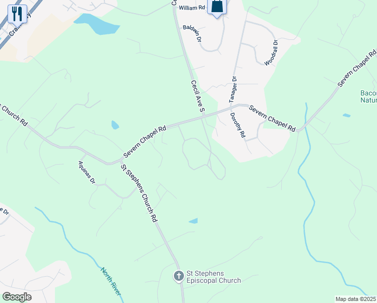 map of restaurants, bars, coffee shops, grocery stores, and more near 1761 Severn Chapel Road in Crownsville