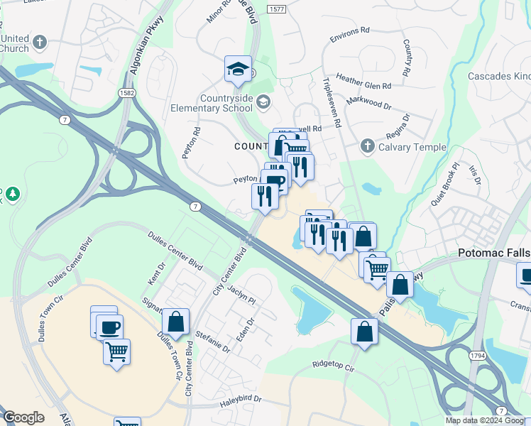 map of restaurants, bars, coffee shops, grocery stores, and more near 208 Pidgeon Hill Drive in Sterling