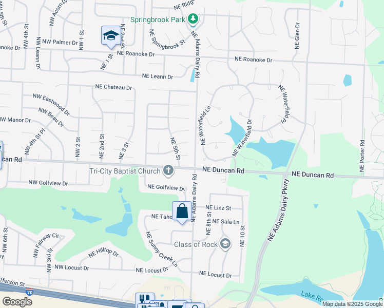 map of restaurants, bars, coffee shops, grocery stores, and more near 1849 Northeast Waterfield Lane in Blue Springs