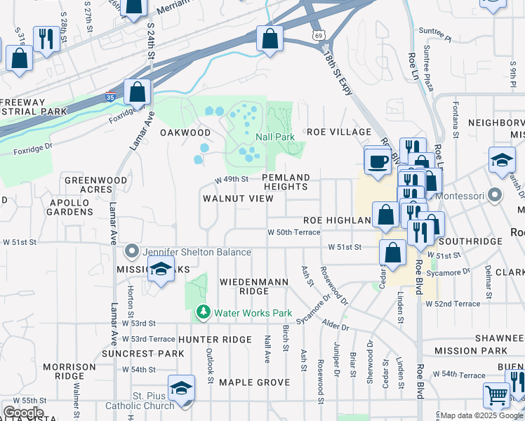 map of restaurants, bars, coffee shops, grocery stores, and more near 5608 West 50th Street in Roeland Park