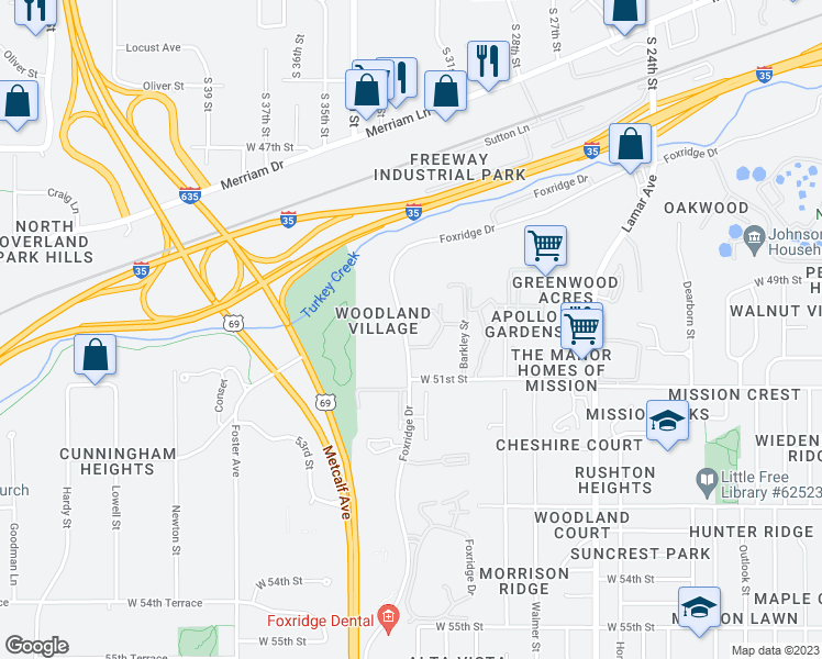 map of restaurants, bars, coffee shops, grocery stores, and more near 6913 West 50th Terrace in Mission