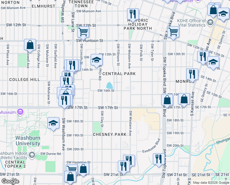 map of restaurants, bars, coffee shops, grocery stores, and more near 1530 Southwest Central Park Avenue in Topeka