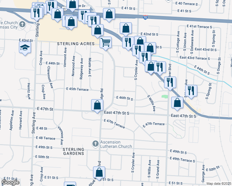 map of restaurants, bars, coffee shops, grocery stores, and more near 4529 Blue Ridge Boulevard in Kansas City