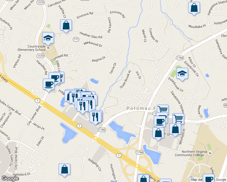 map of restaurants, bars, coffee shops, grocery stores, and more near 20815 Quiet Brook Place in Sterling