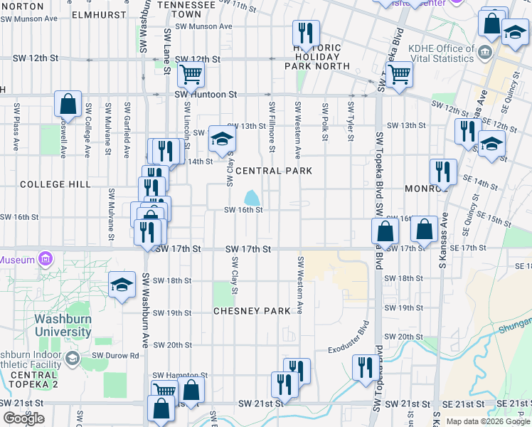 map of restaurants, bars, coffee shops, grocery stores, and more near 1530 Southwest Central Park Avenue in Topeka