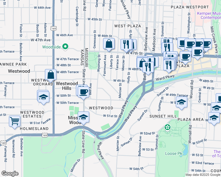 map of restaurants, bars, coffee shops, grocery stores, and more near 4919 Westwood Road in Kansas City