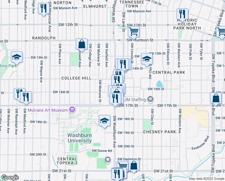 map of restaurants, bars, coffee shops, grocery stores, and more near 1523 Southwest Washburn Avenue in Topeka