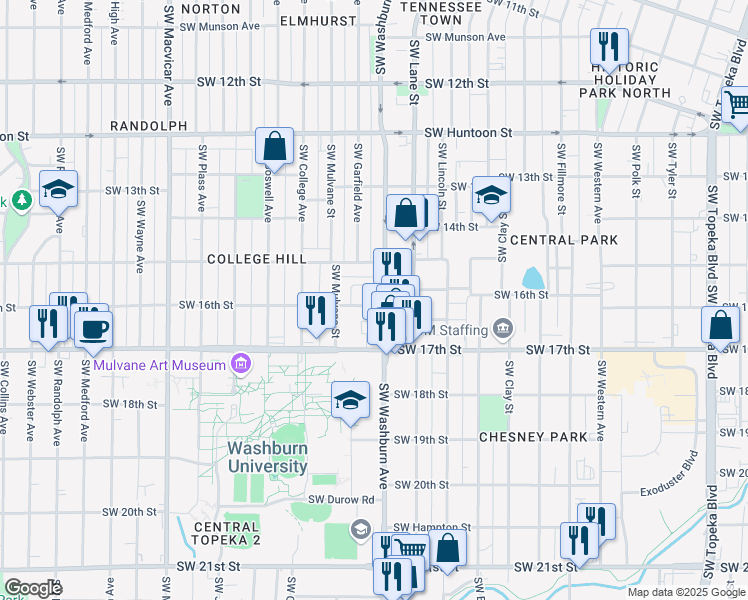 map of restaurants, bars, coffee shops, grocery stores, and more near 1523 Southwest Washburn Avenue in Topeka
