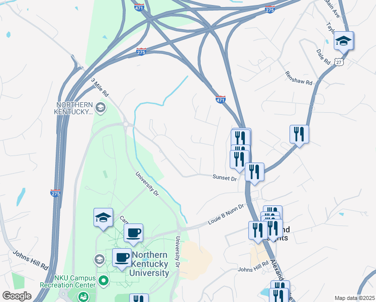 map of restaurants, bars, coffee shops, grocery stores, and more near 1826 Highland Ridge Boulevard in Highland Heights