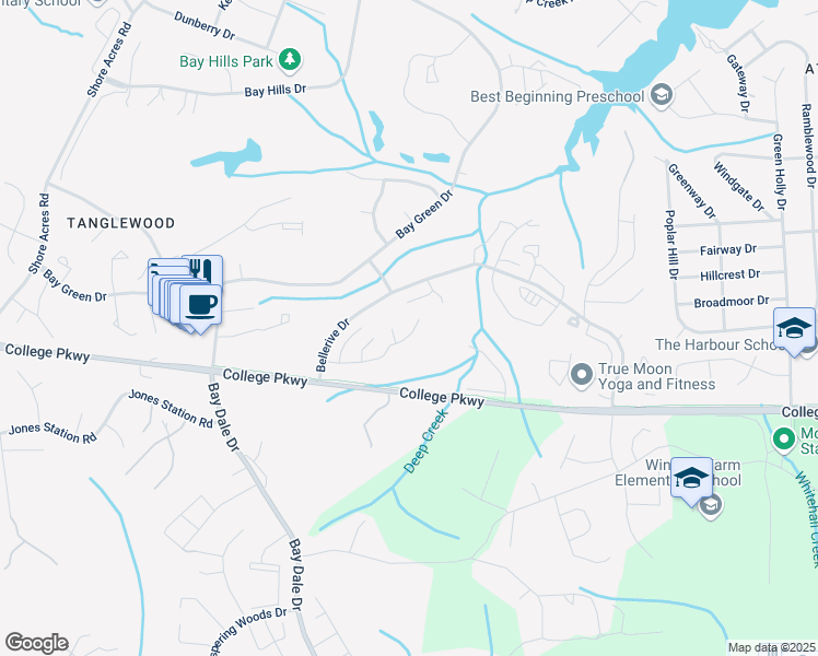 map of restaurants, bars, coffee shops, grocery stores, and more near 620 Bellerive Court in Arnold