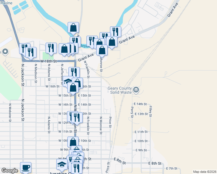 map of restaurants, bars, coffee shops, grocery stores, and more near 310 16th Street Circle in Junction City