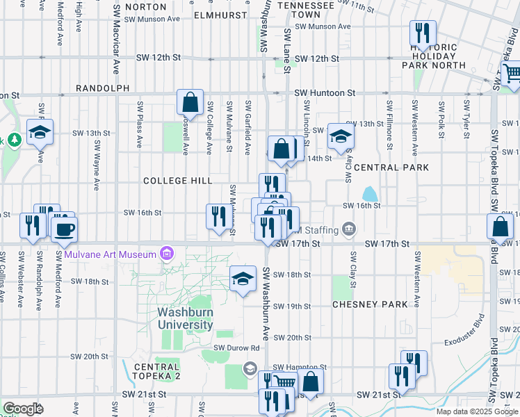 map of restaurants, bars, coffee shops, grocery stores, and more near 1523 Southwest Washburn Avenue in Topeka