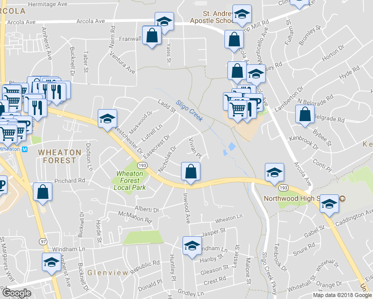 map of restaurants, bars, coffee shops, grocery stores, and more near 1516 Vivian Court in Silver Spring