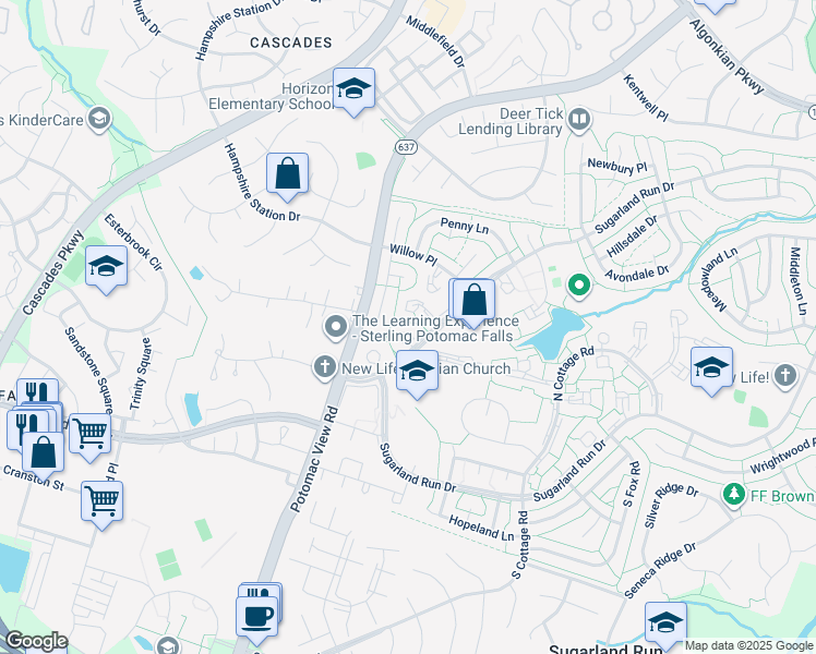 map of restaurants, bars, coffee shops, grocery stores, and more near 117 Drury Circle in Sterling