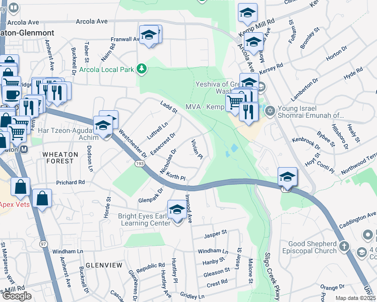 map of restaurants, bars, coffee shops, grocery stores, and more near 1516 Vivian Court in Silver Spring