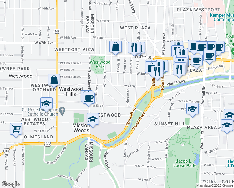 map of restaurants, bars, coffee shops, grocery stores, and more near 4919 Westwood Road in Kansas City