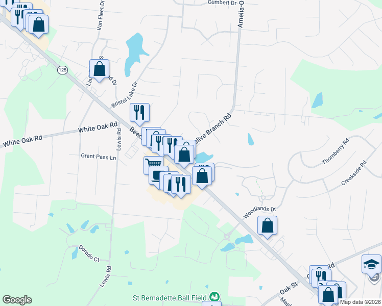 map of restaurants, bars, coffee shops, grocery stores, and more near 16 Amelia-Olive Branch Road in Amelia