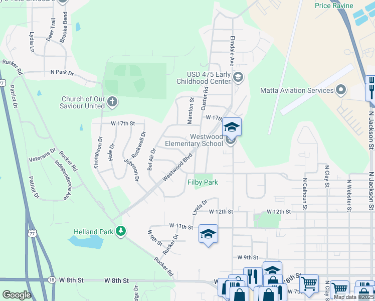 map of restaurants, bars, coffee shops, grocery stores, and more near 1437 Westwood Boulevard in Junction City