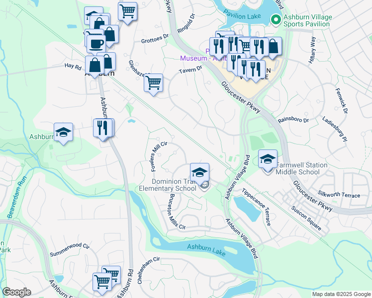 map of restaurants, bars, coffee shops, grocery stores, and more near 20881 Fowlers Mill Circle in Ashburn