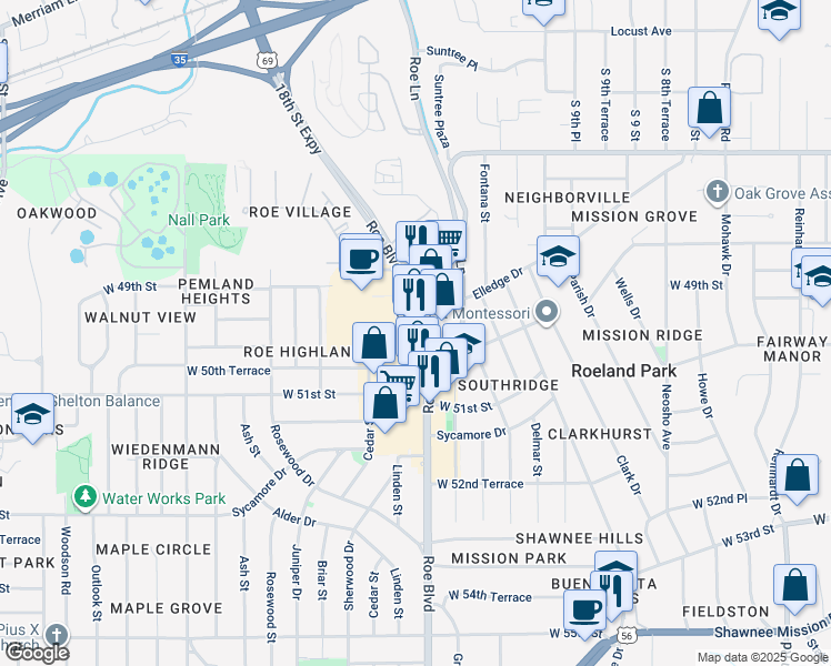 map of restaurants, bars, coffee shops, grocery stores, and more near 4988 Roe Avenue in Roeland Park