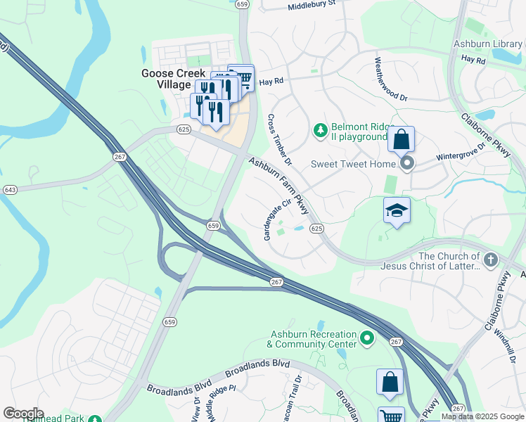 map of restaurants, bars, coffee shops, grocery stores, and more near 42849 Crossbow Court in Ashburn