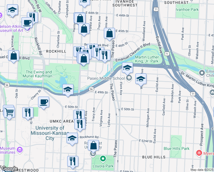 map of restaurants, bars, coffee shops, grocery stores, and more near 4820 The Paseo in Kansas City