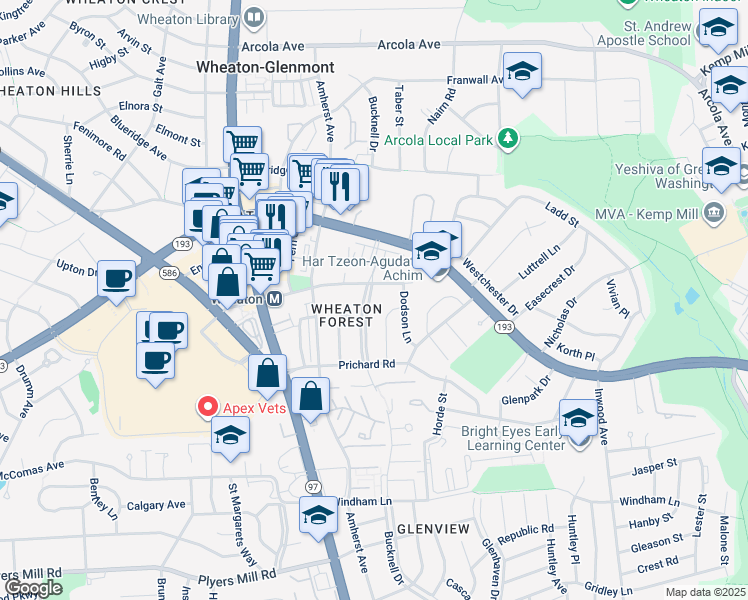 map of restaurants, bars, coffee shops, grocery stores, and more near 11109 Bucknell Drive in Silver Spring