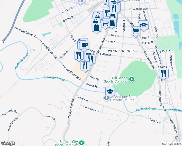 map of restaurants, bars, coffee shops, grocery stores, and more near 4387 Winston Avenue in Covington
