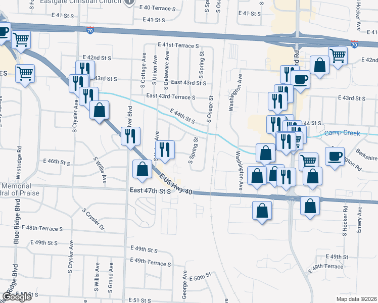 map of restaurants, bars, coffee shops, grocery stores, and more near 13113 East 45th Street South in Independence