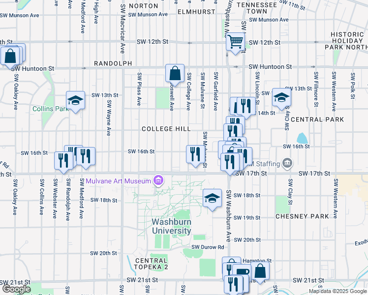 map of restaurants, bars, coffee shops, grocery stores, and more near 1524 Southwest Boswell Avenue in Topeka