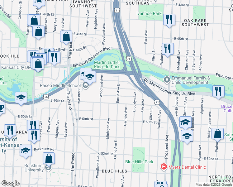 map of restaurants, bars, coffee shops, grocery stores, and more near 1847 East 48th Street in Kansas City