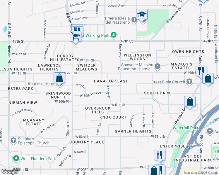 map of restaurants, bars, coffee shops, grocery stores, and more near 9804 West 49th Place in Shawnee