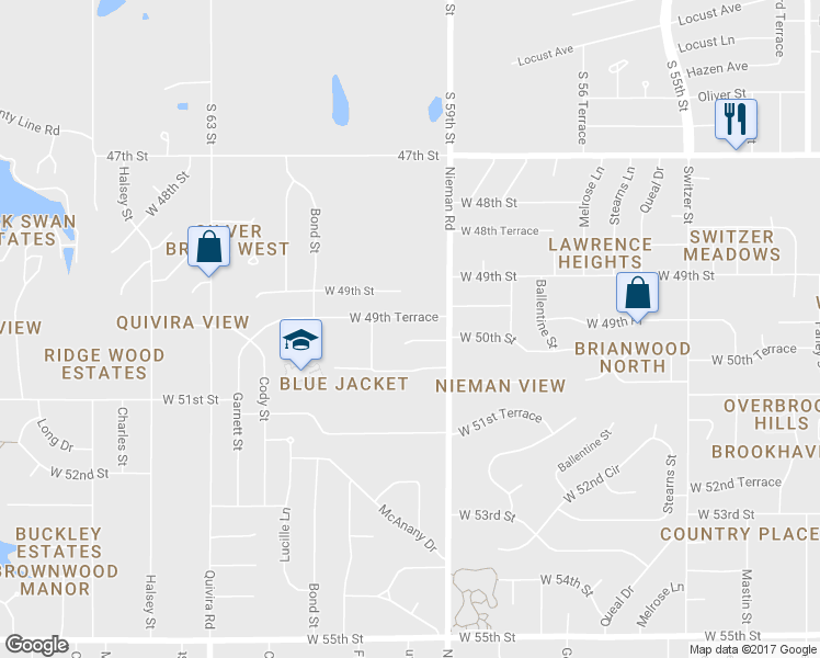 map of restaurants, bars, coffee shops, grocery stores, and more near 11207 West 49th Terrace in Shawnee
