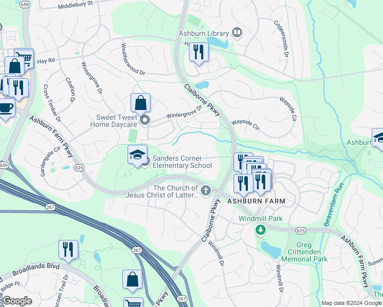 map of restaurants, bars, coffee shops, grocery stores, and more near 20889 Isherwood Terrace in Ashburn