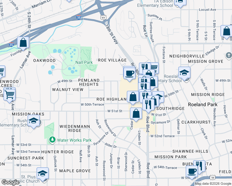 map of restaurants, bars, coffee shops, grocery stores, and more near 4924 Briar Street in Roeland Park