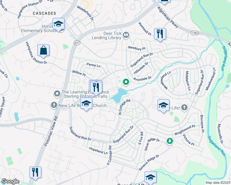 map of restaurants, bars, coffee shops, grocery stores, and more near 228 Greenfield Court in Sterling